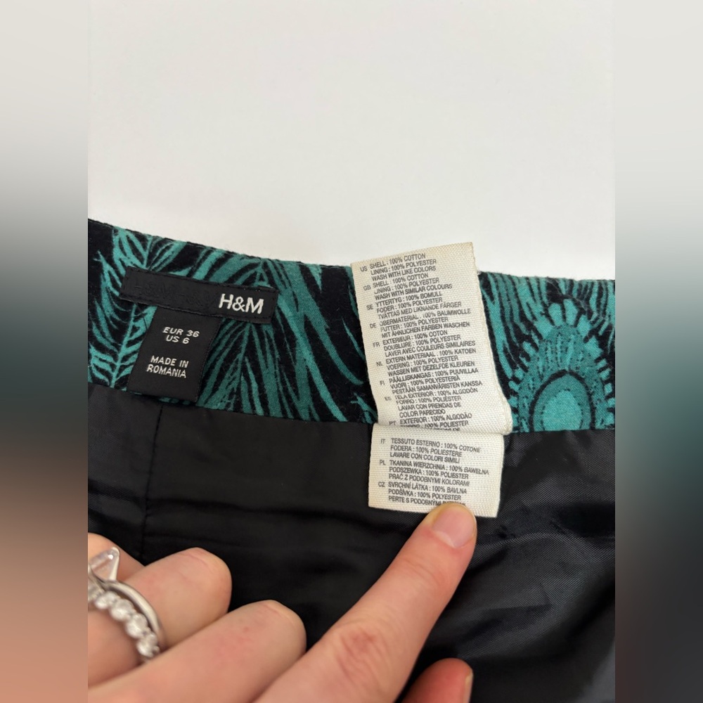 H&M peacock feather flare midi skirt size 6 turquoise green bohemian boho hippie - Picture 11 of 14